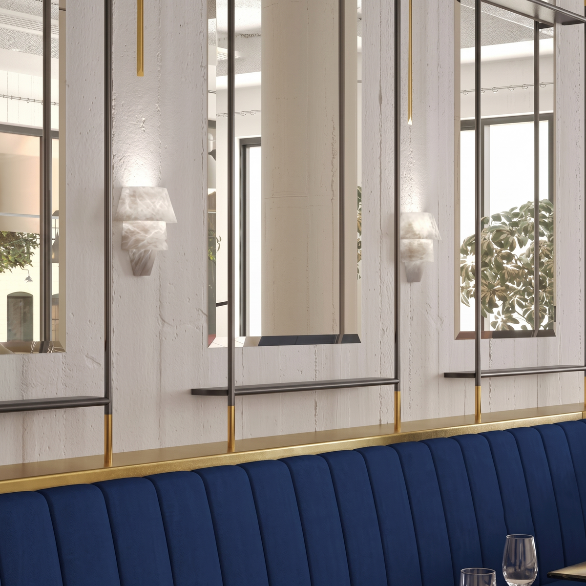 Pair of Tiered Alabaster Sconces in Contemporary Restaurant Nook
