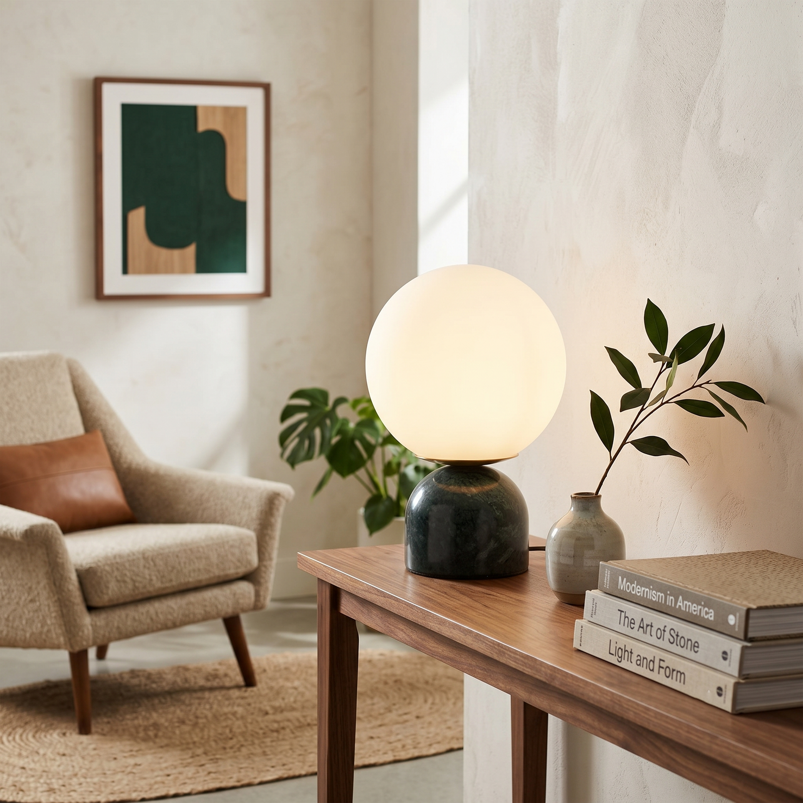 Modern Marble Sphere Table Light Over Console Table