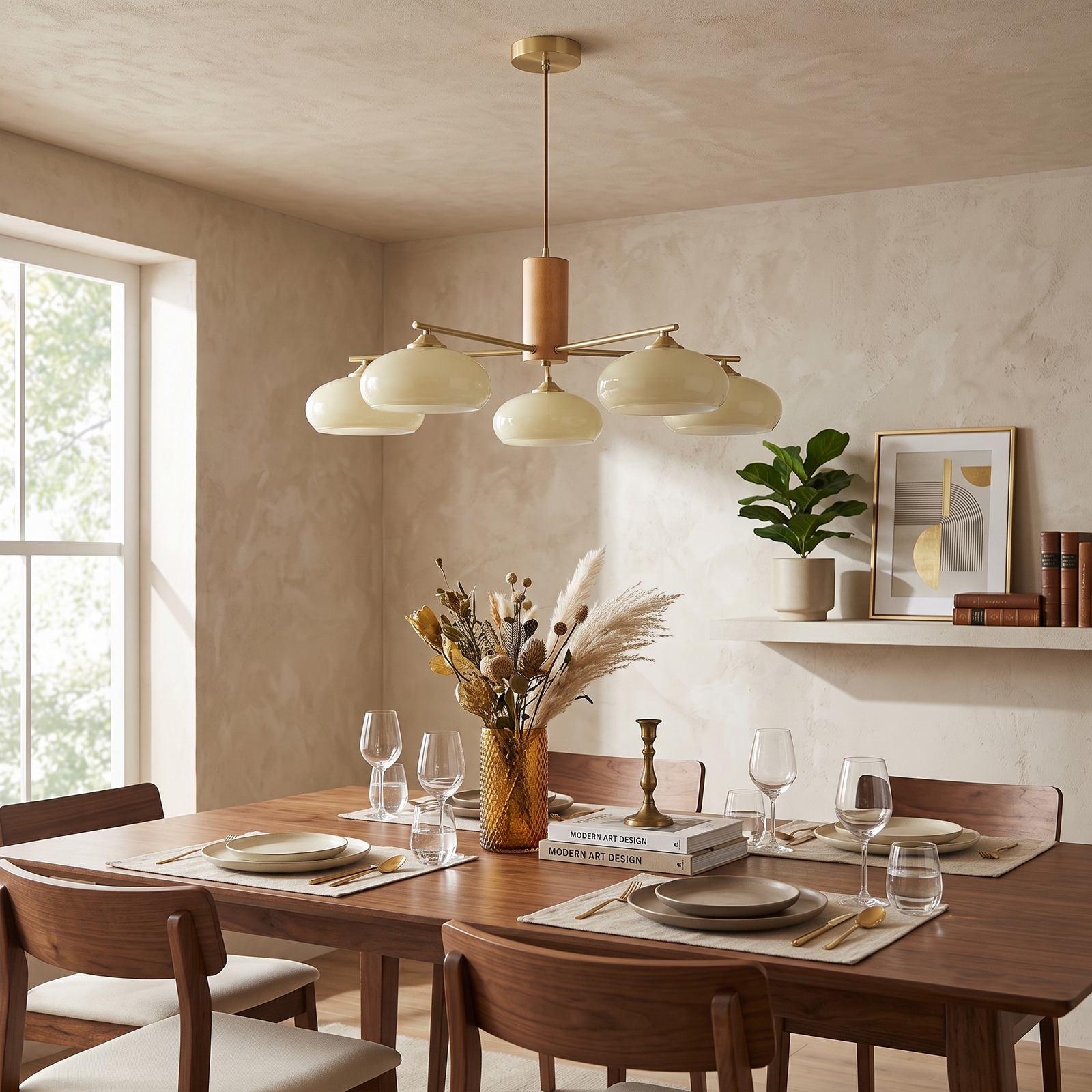 Japandi Wood Glass Pendant Light Over Dining Room Table