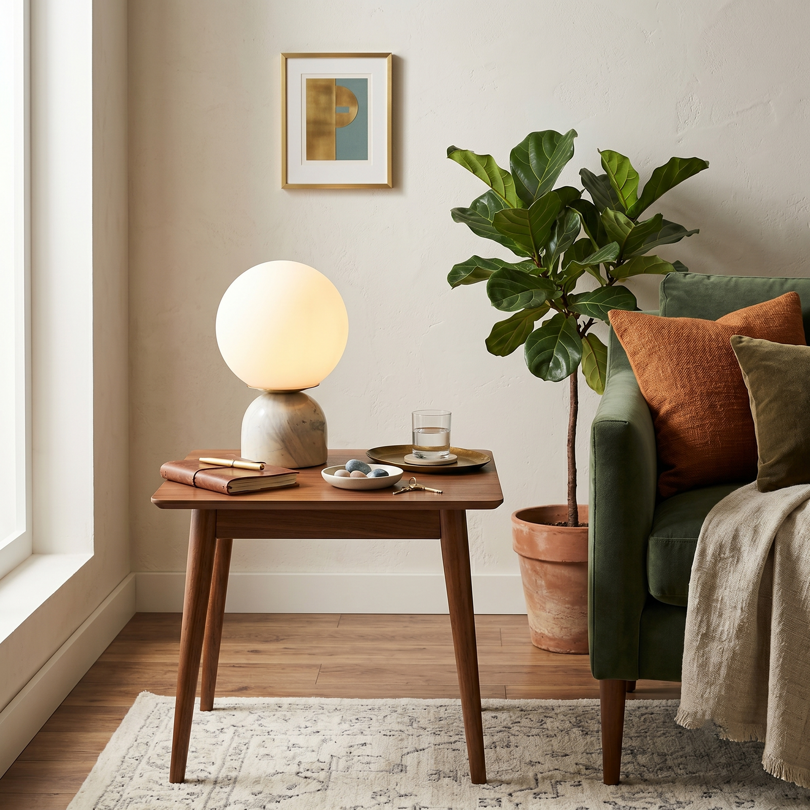 Marble Sphere Accent Lamp Over Living Room Side Table