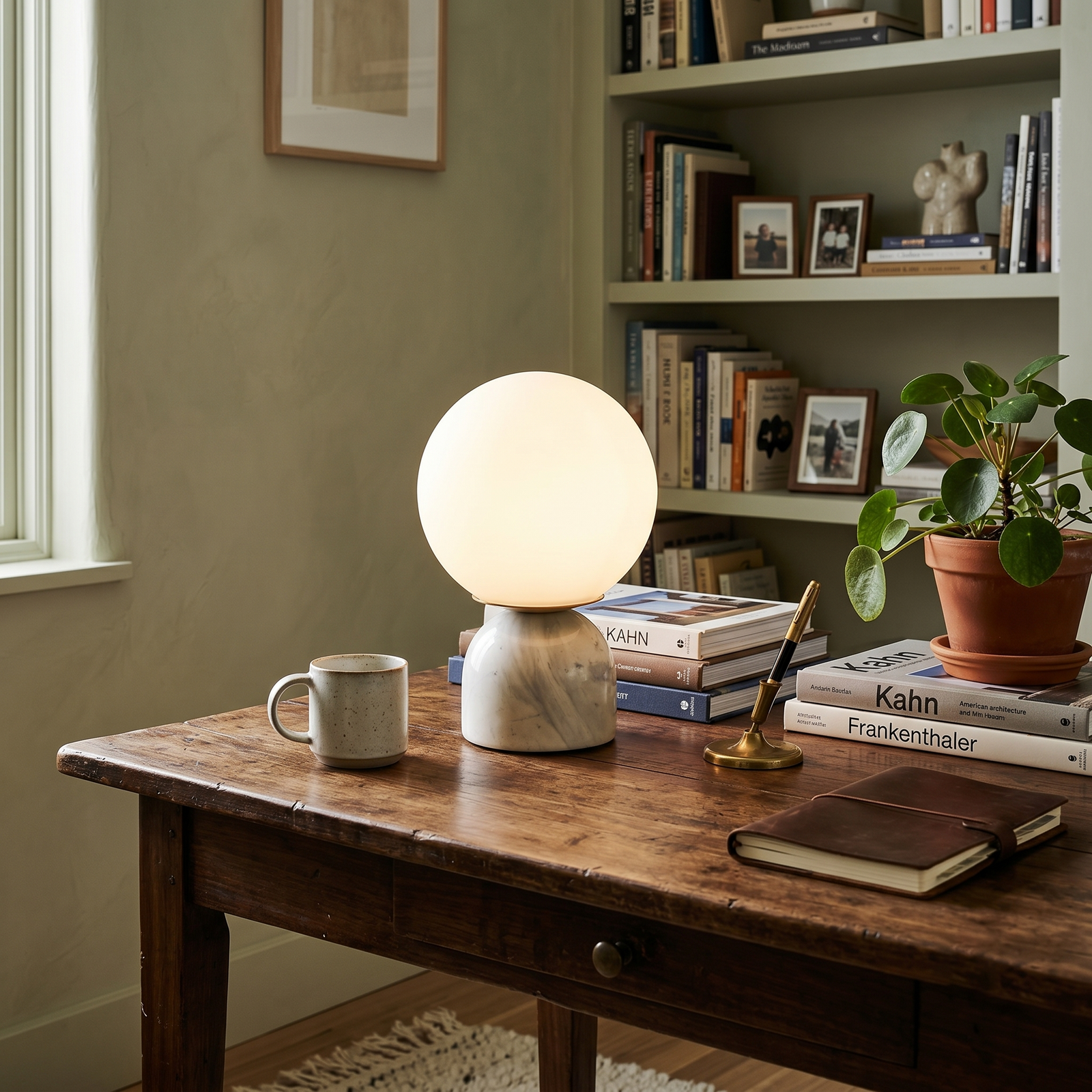 Marble Globe Desk Lamp Over Home Office Table