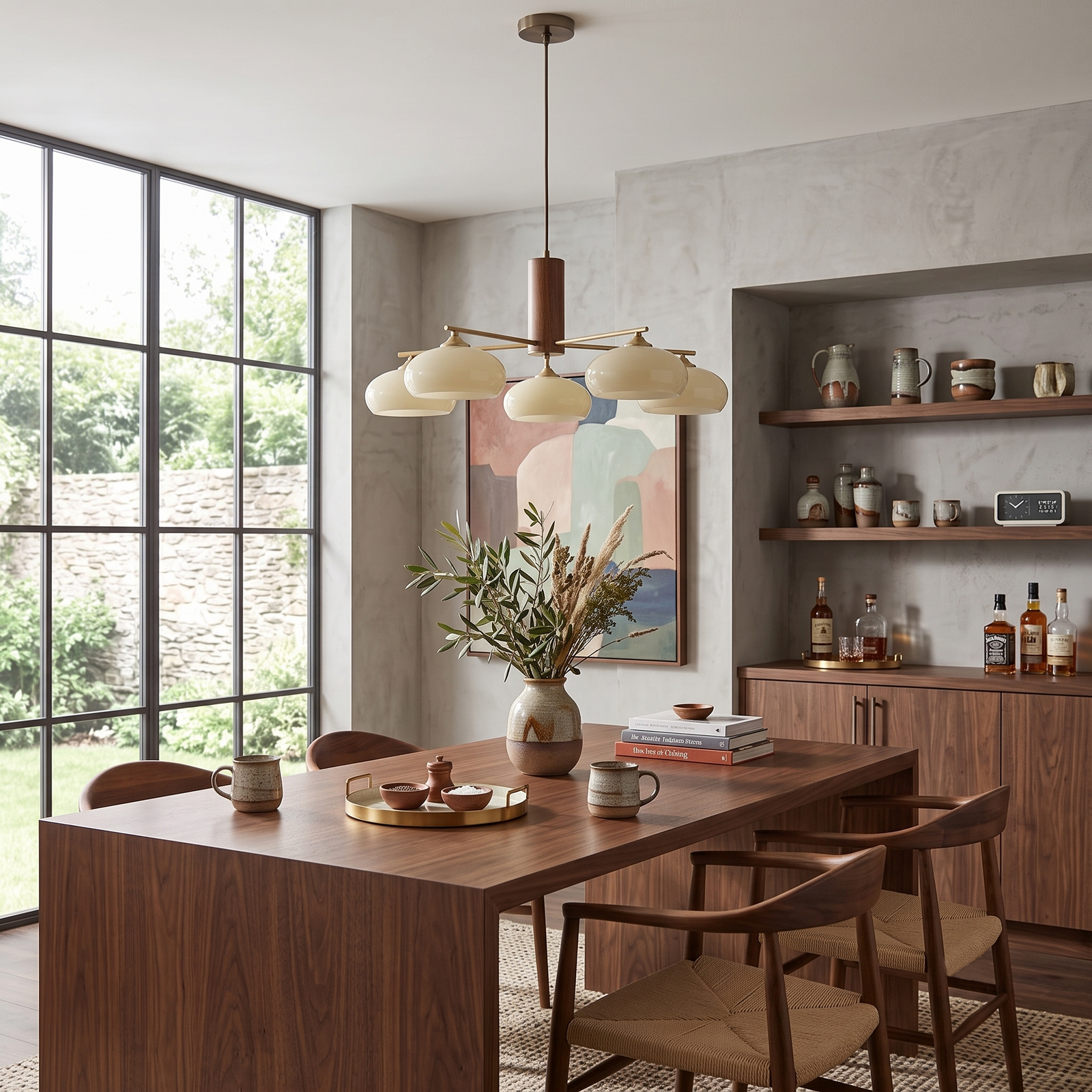 Japandi Wood Mushroom Chandelier Over Dining Room Table