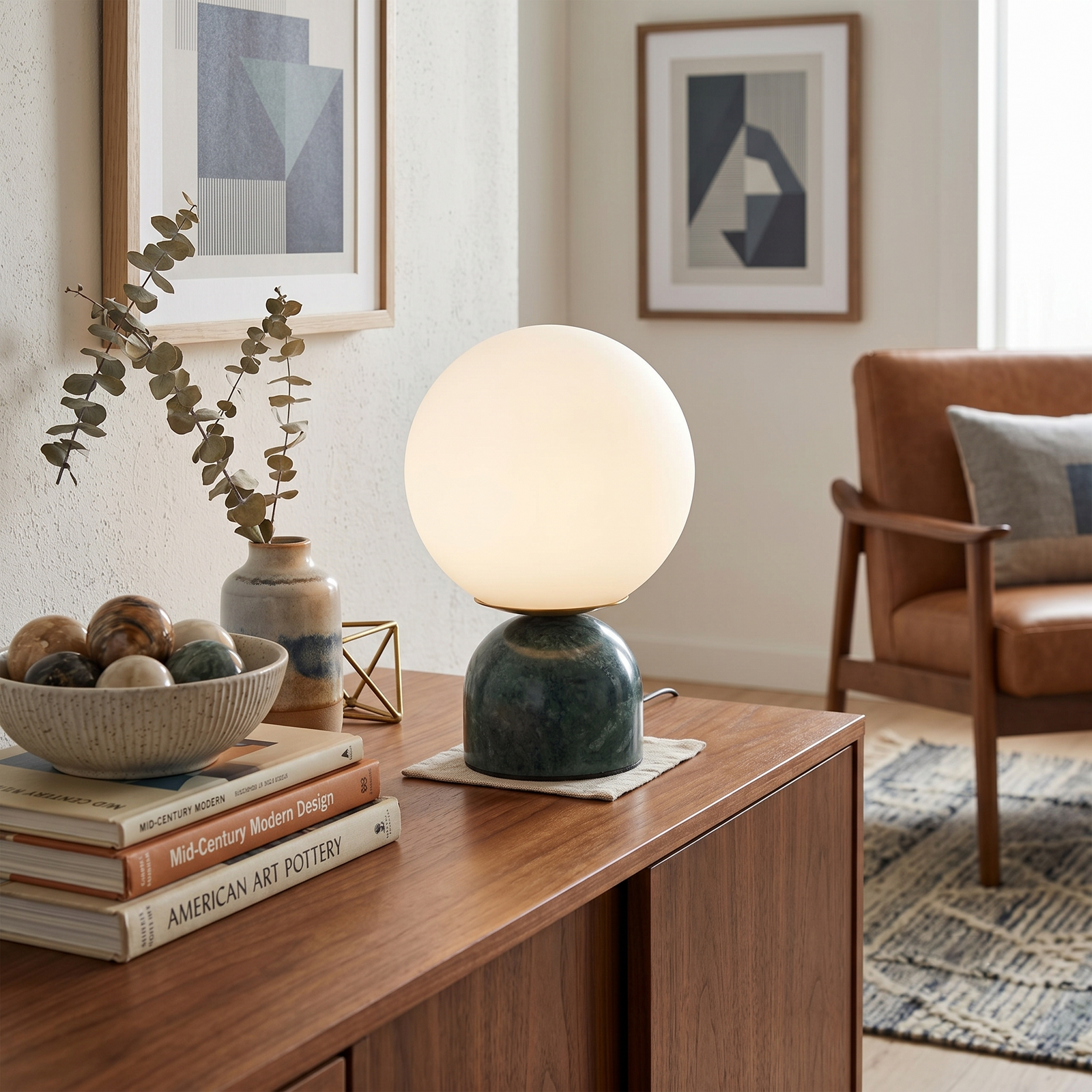 Green Marble Sphere Table Lamp Over Living Room Credenza