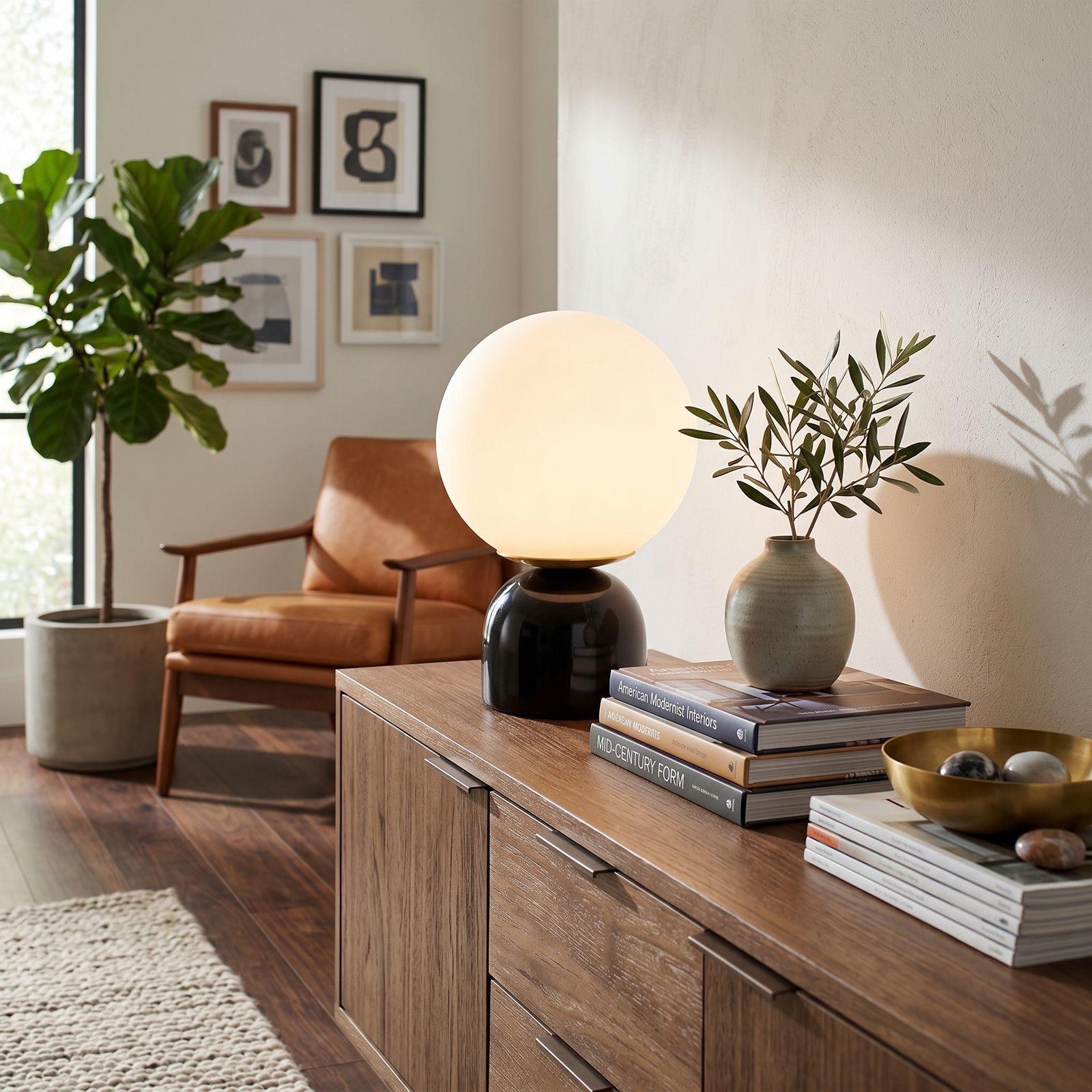 Mid Century Marble Globe Table Lamp Over Living Room Credenza