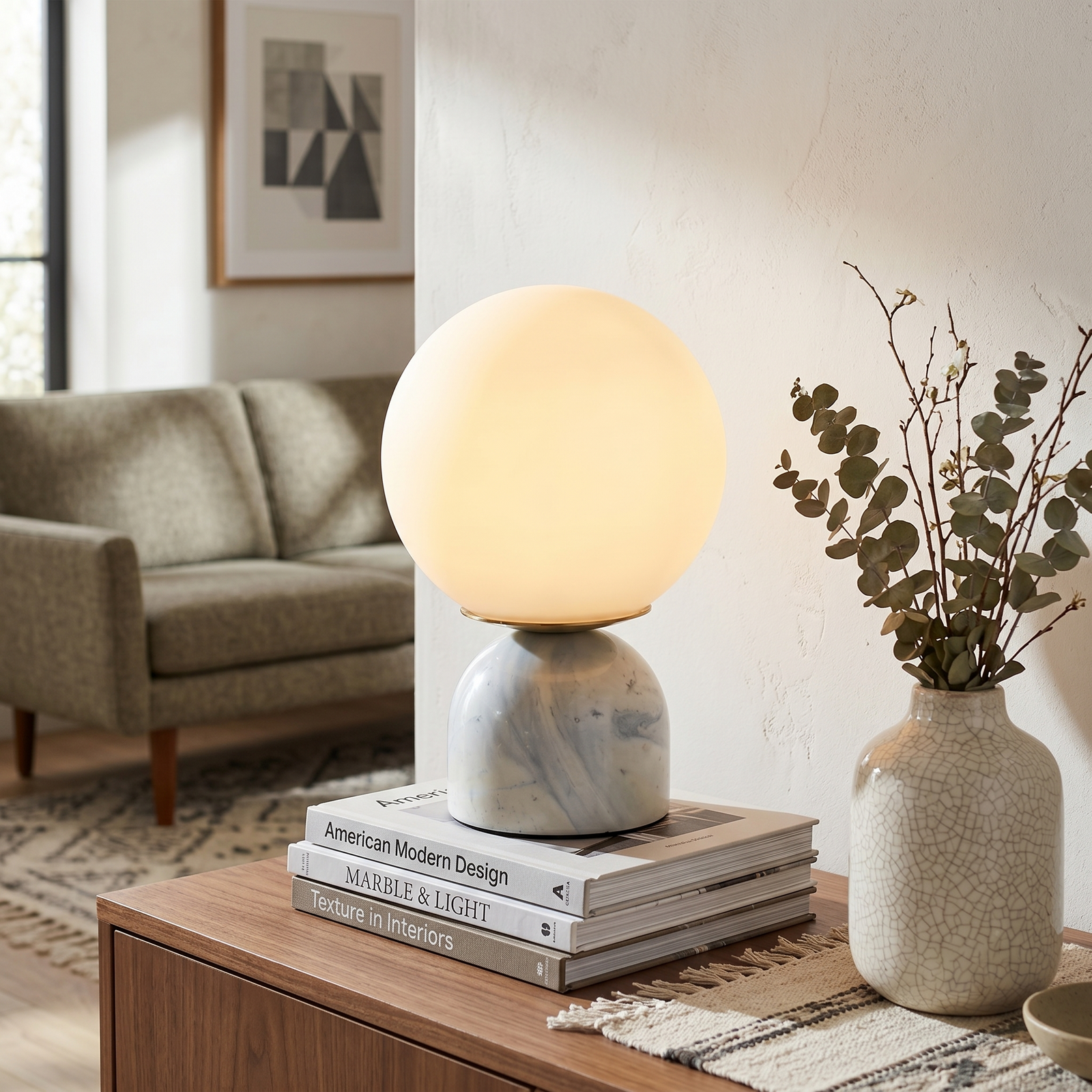 Mid Century Marble Globe Table Lamp Over Living Room Credenza