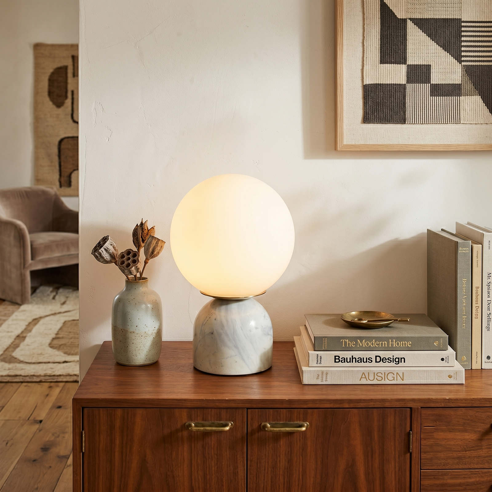 Modern Marble Sphere Table Light Over Console Table