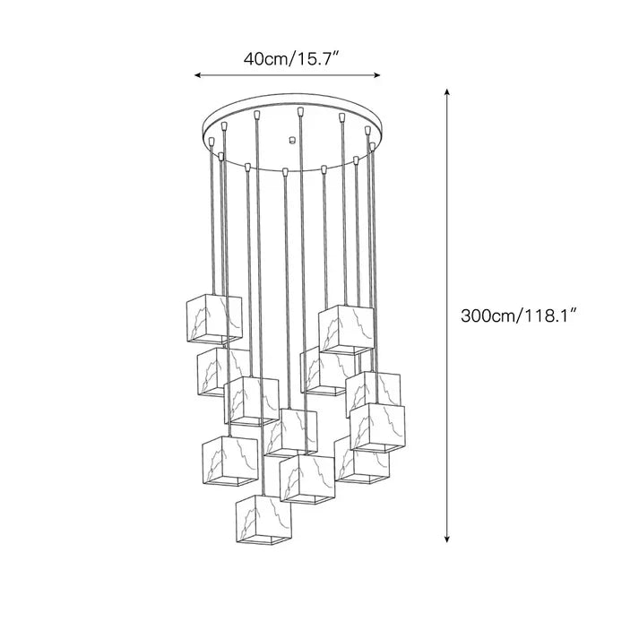 Round Canopy Alabaster Cube Chandelier Line Art Dimension Diagram