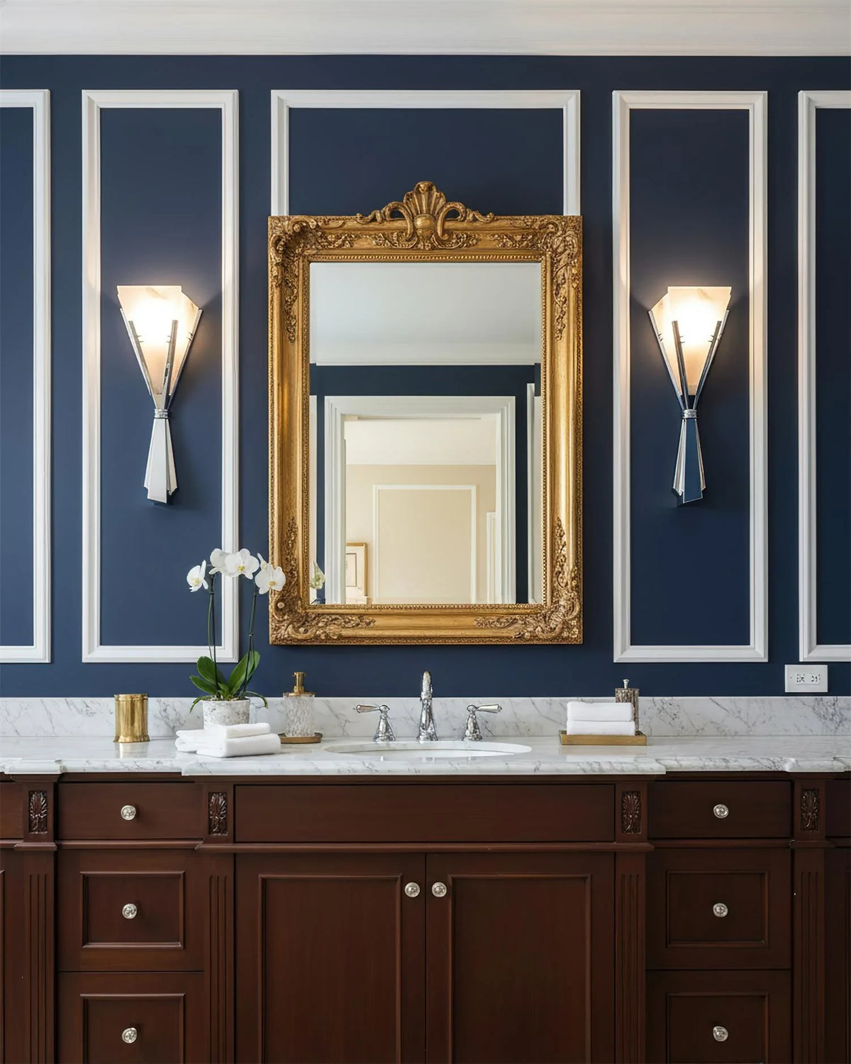Modern Alabaster Fan Wall Sconce in Designer Bathroom Vanity Space