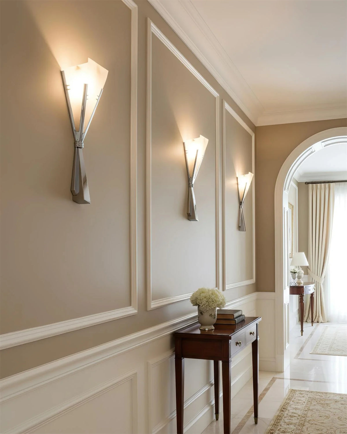 Modern Silver Finish Alabaster Wall Sconce in Sophisticated Hallway Corridor
