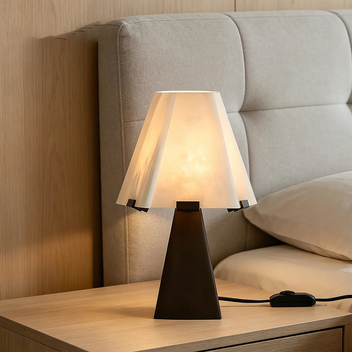 Modern Pleated Alabaster Table Lamp in Cozy Bedroom Setting