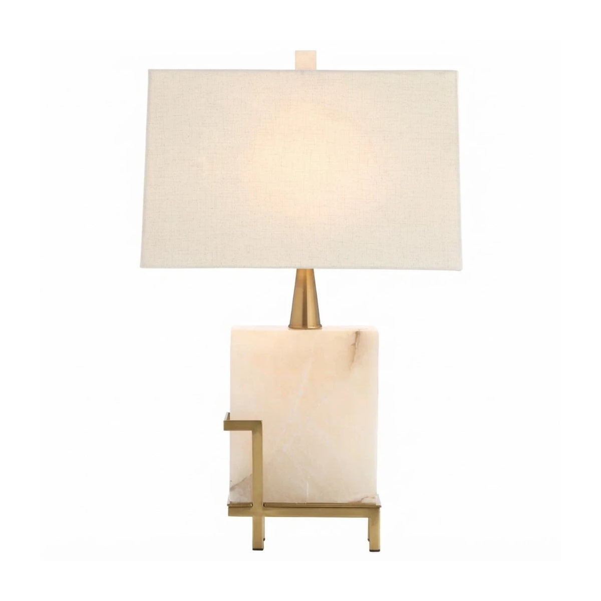 Modern Brass and Alabaster Rectangular Table Lamp with Asymmetric Metal Stand and Fabric Shade on Pure White Background