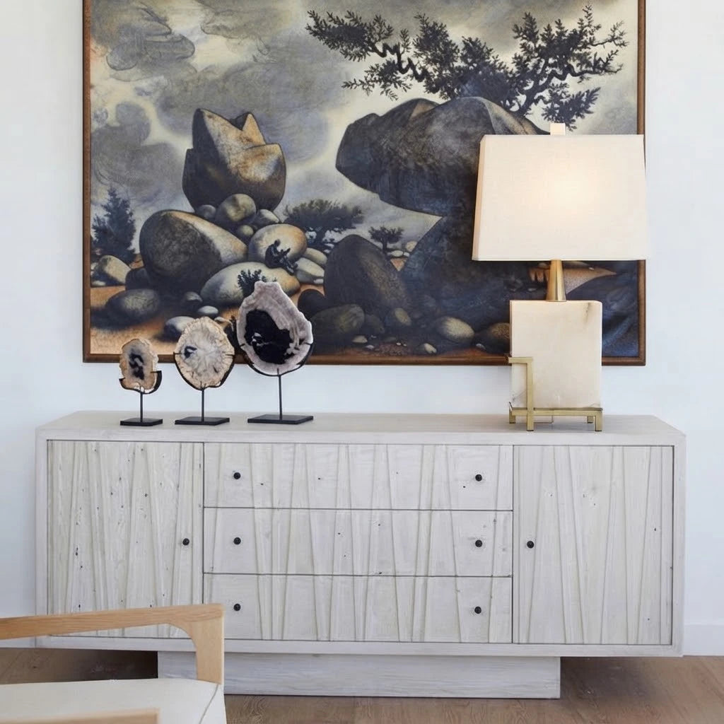 Modern Brass Alabaster Table Lamp in Designer Entryway Setting