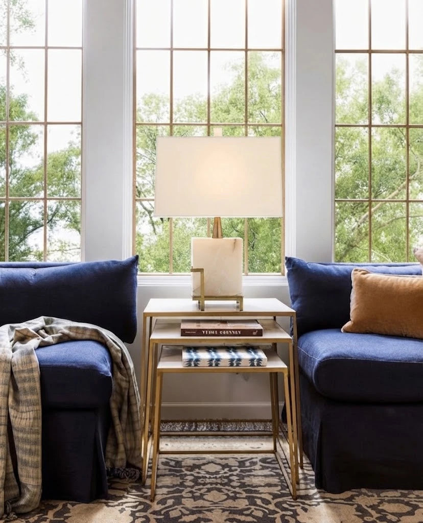 Modern Brass Alabaster Rectangular Table Lamp in Cozy Sitting Area