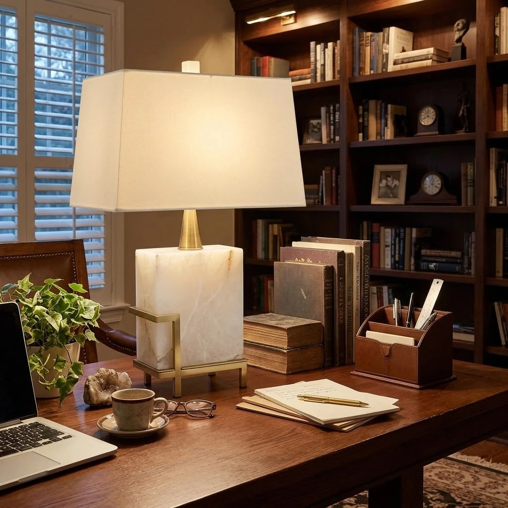 Modern Brass Alabaster Table Lamp in Executive Home Office Workspace