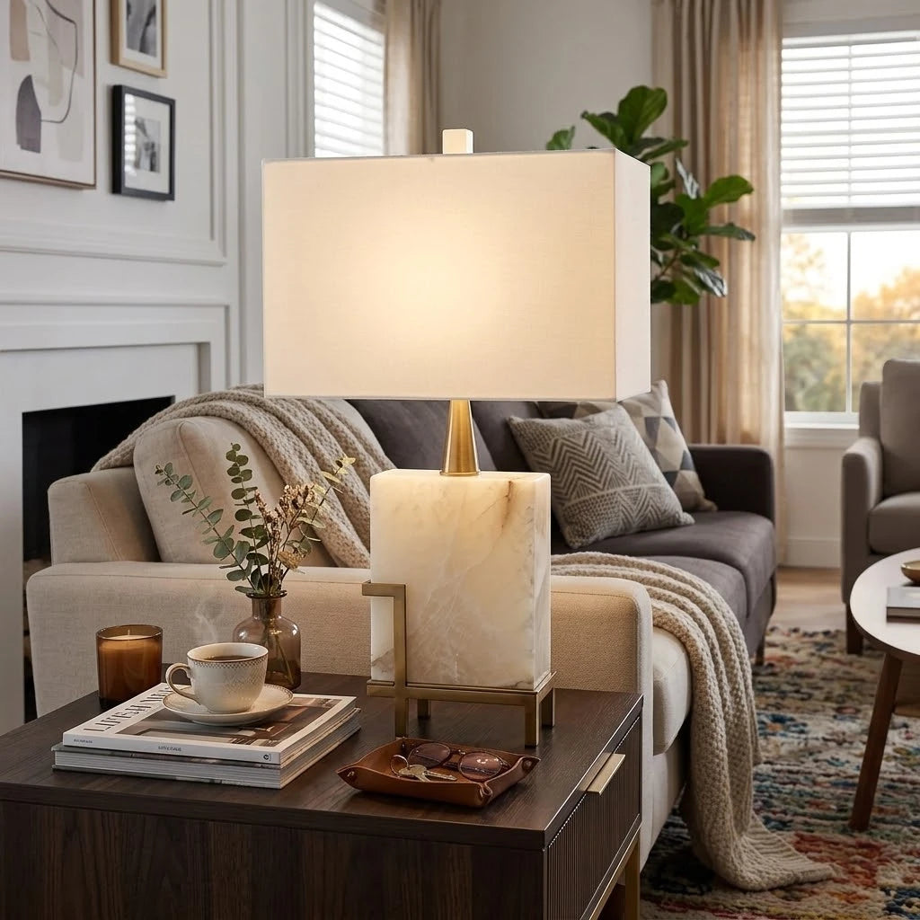 Modern Alabaster Rectangular Table Lamp in Cozy Living Room Setting