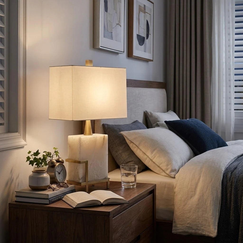 Modern Brass Alabaster Table Lamp in Elegant Master Bedroom