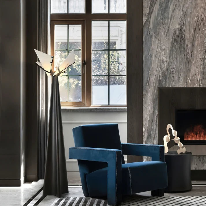 Triangular Alabaster Cone Floor Lamp Over Living Room Fireplace