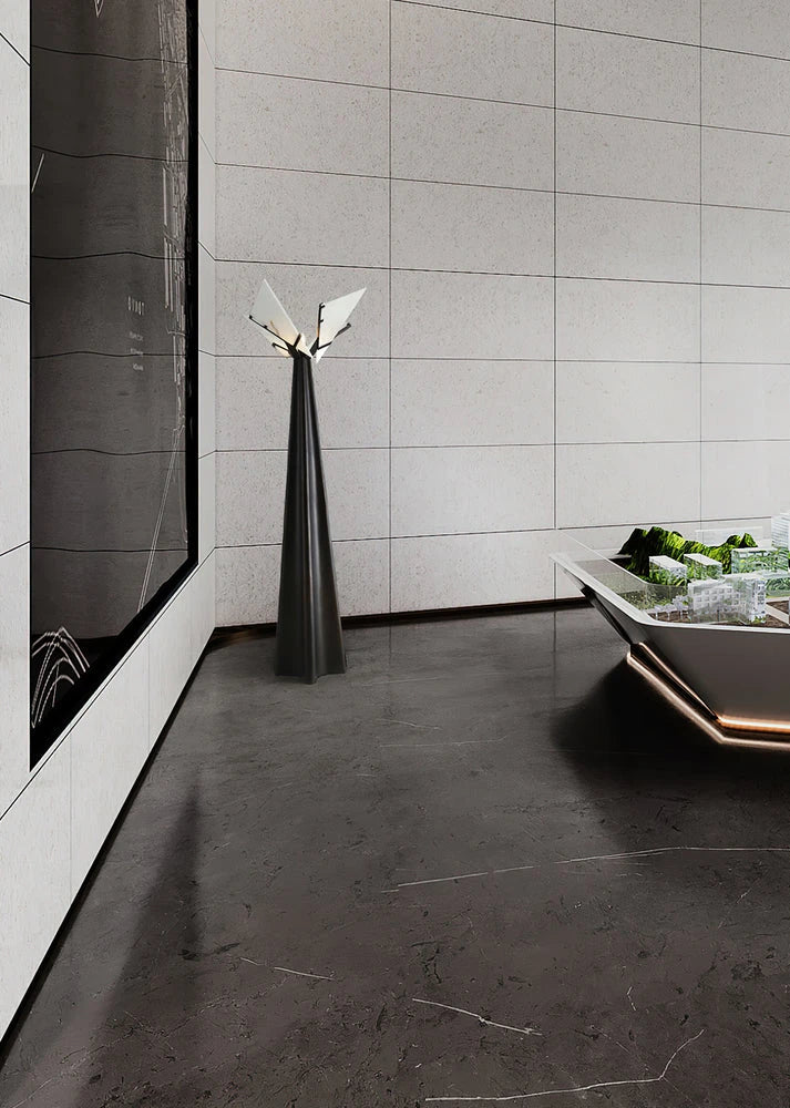 Modern Sculptural Floor Lamp Over Minimalist Hallway