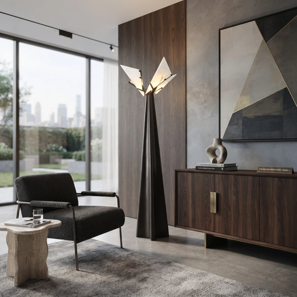 Modern Triangular Alabaster Floor Lamp Over Living Room Seating Area