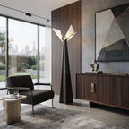 Modern Triangular Alabaster Floor Lamp Over Living Room Seating Area