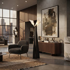 Geometric Alabaster Cone Floor Lamp Illuminating Modern Living Room