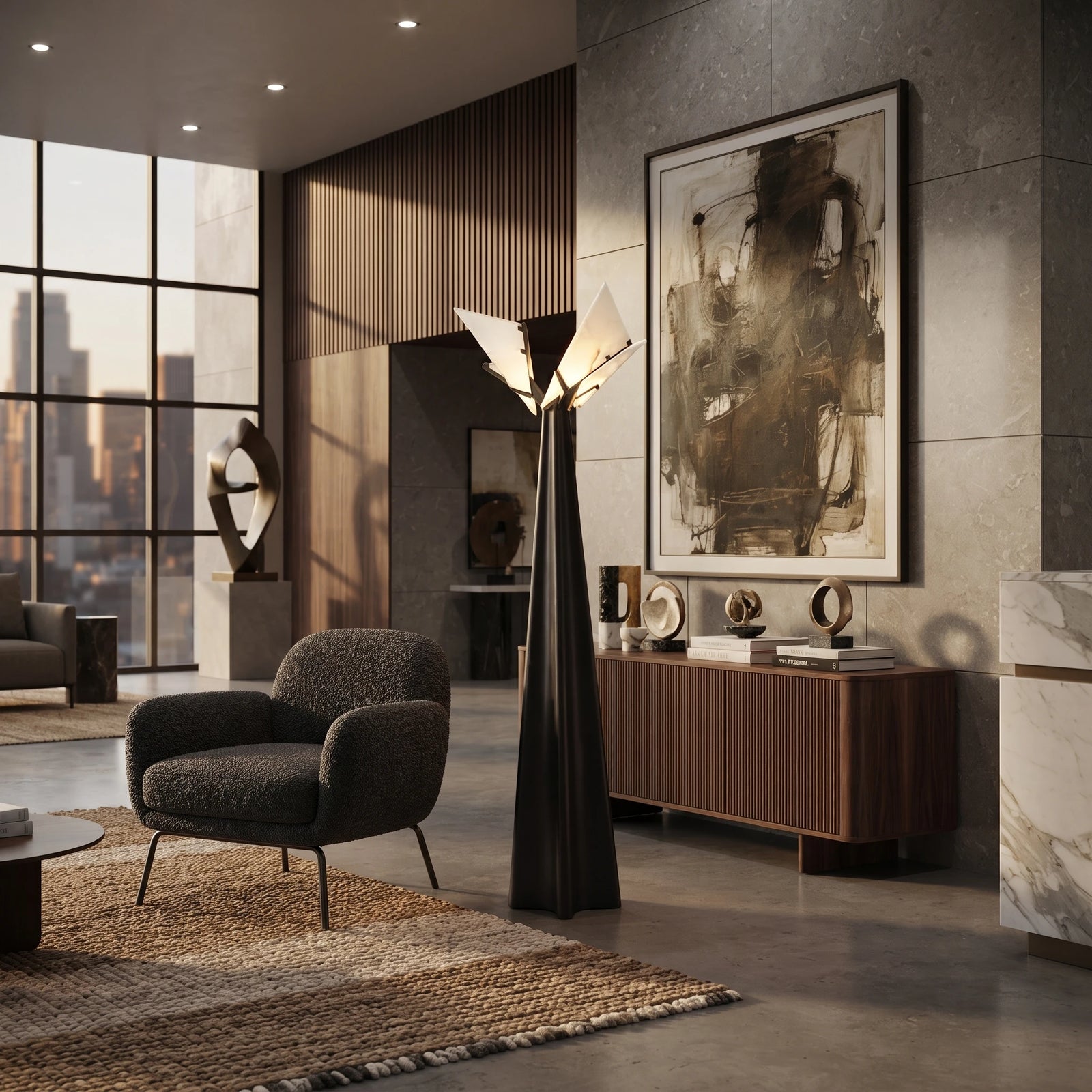 Geometric Alabaster Cone Floor Lamp Illuminating Modern Living Room
