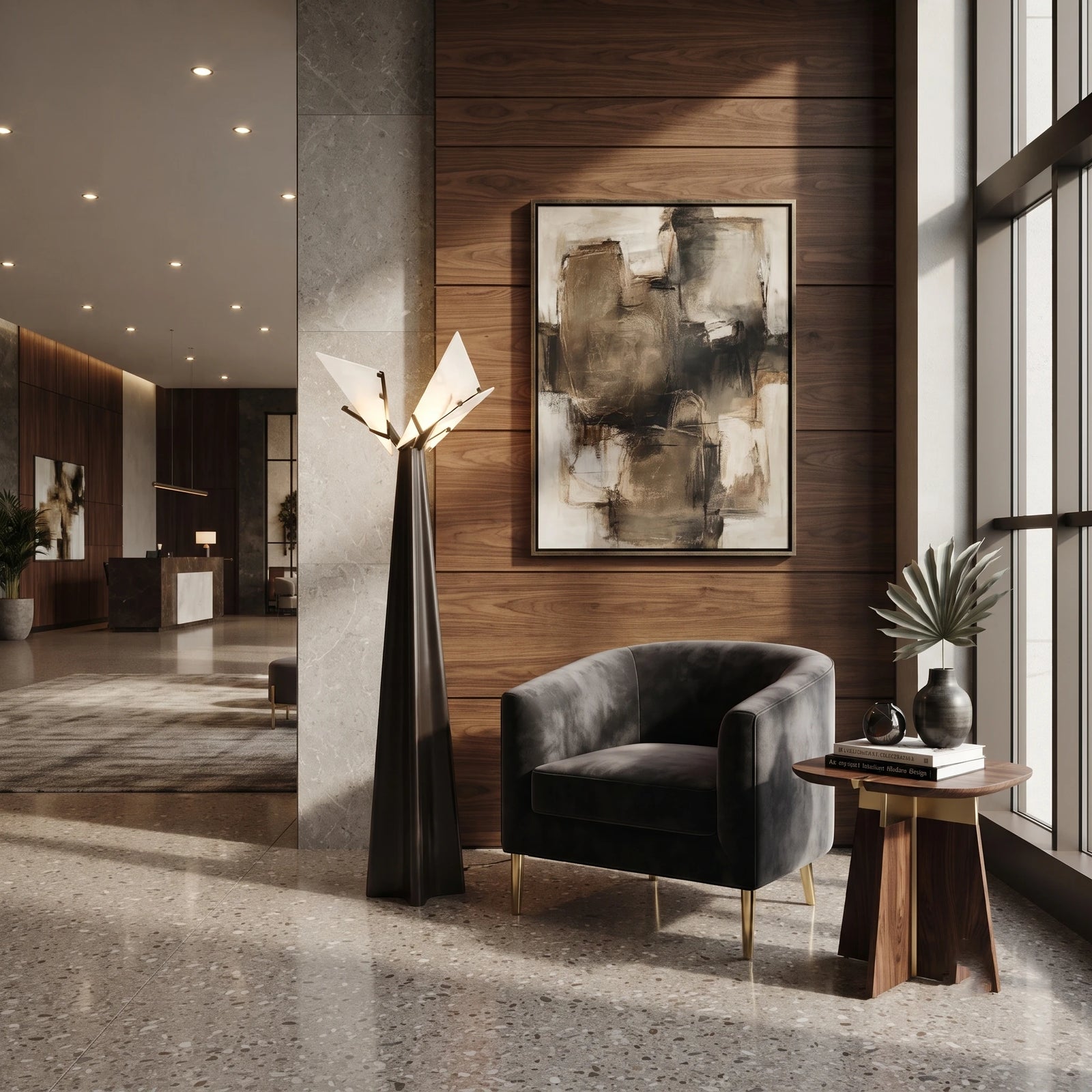 Modern Sculptural Alabaster Floor Light Over Hotel Lobby Lounge