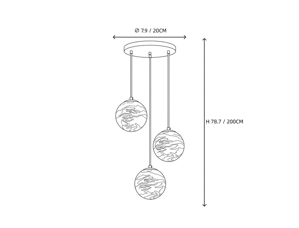 3 Light Alabaster Globe Chandelier Line Art Dimension Diagram