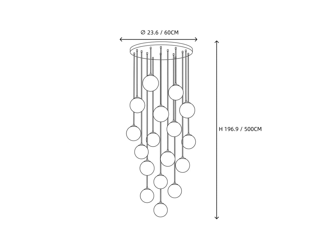 Large Alabaster Globe Staircase Chandelier Line Art Dimension Diagram