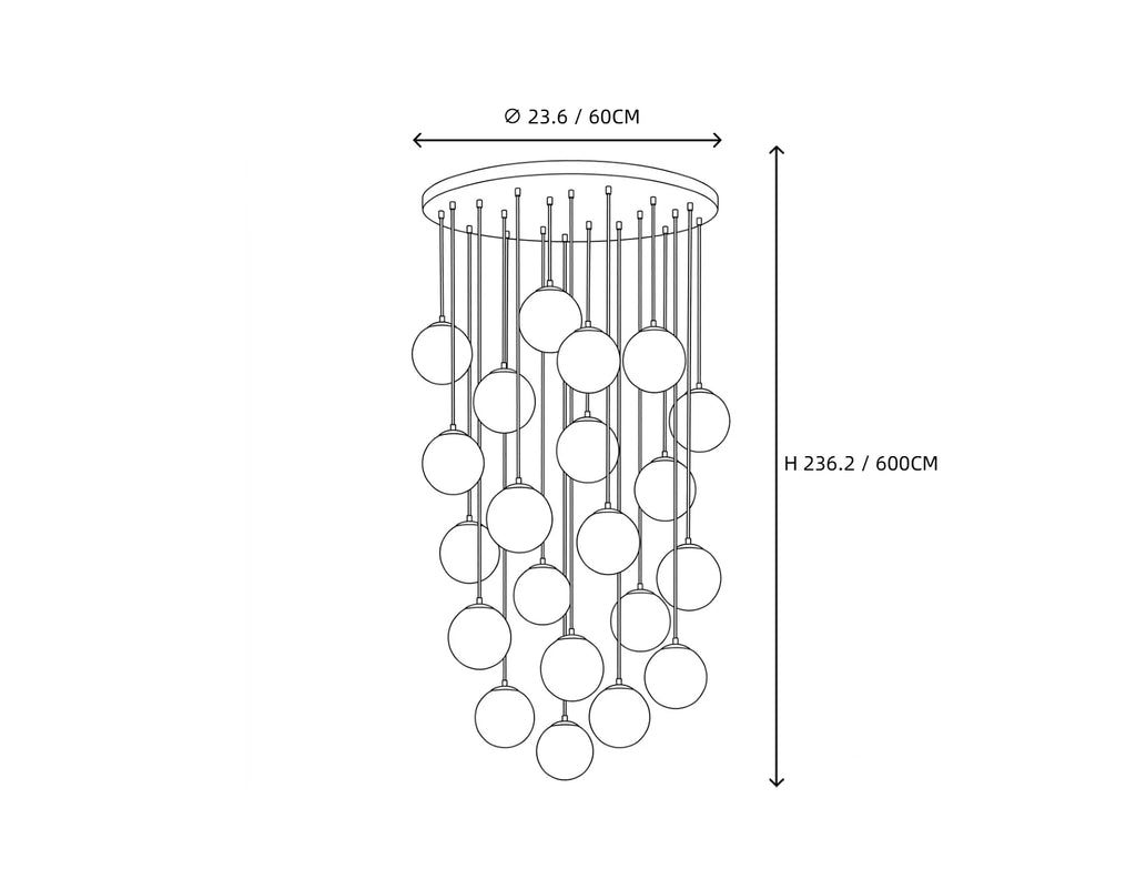 21 Light Alabaster Globe Chandelier Line Art Dimension Diagram