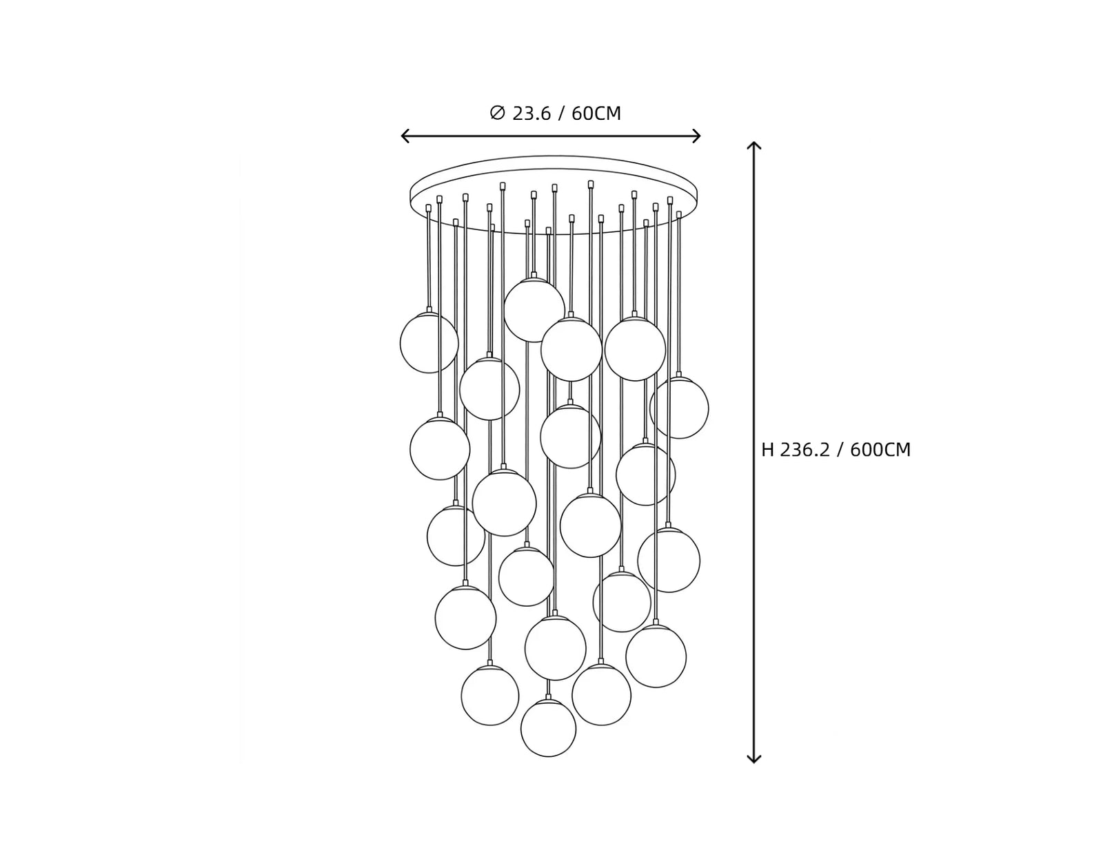 21 Light Alabaster Globe Chandelier Line Art Dimension Diagram
