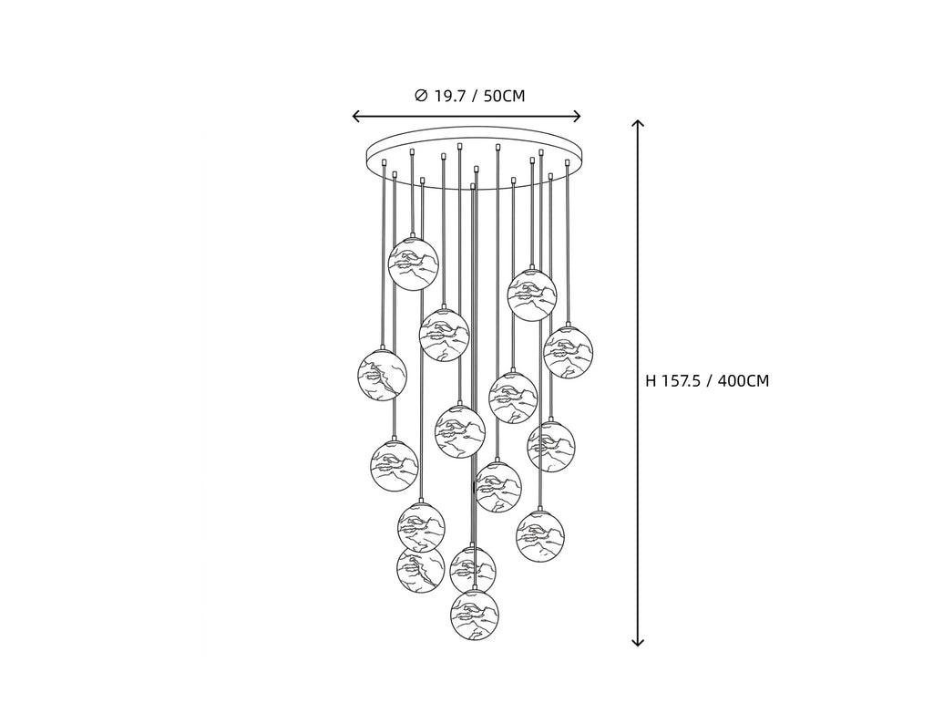 15 Light Alabaster Globe Chandelier Line Art Dimension Diagram