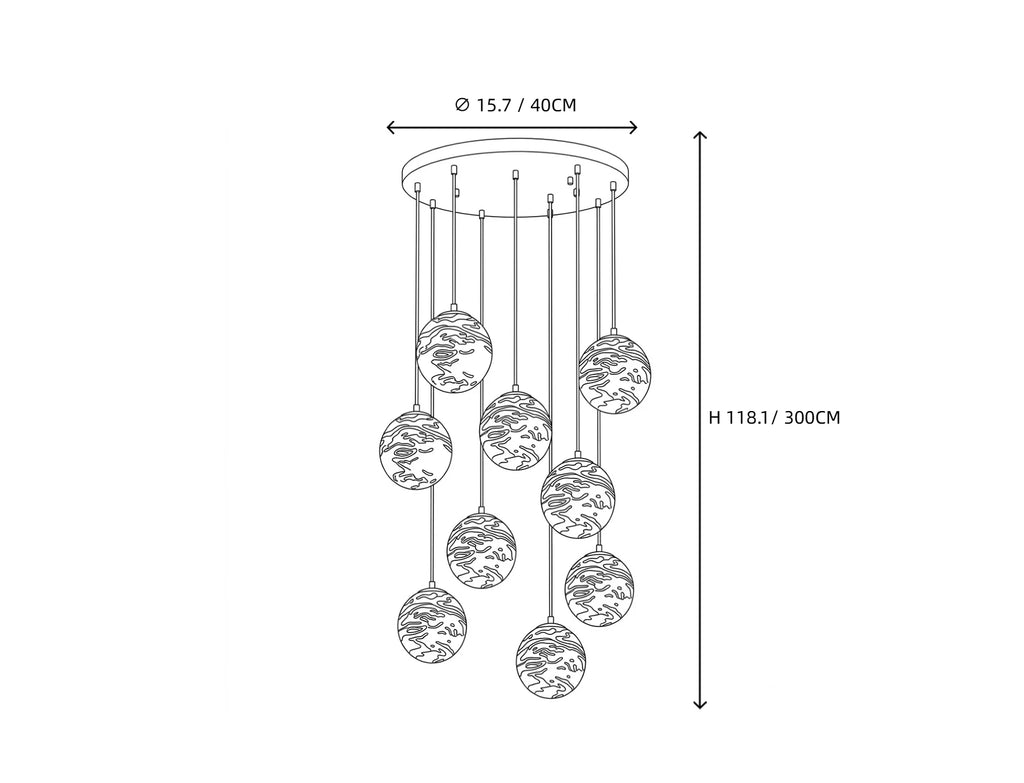 9 Light Alabaster Globe Chandelier Line Art Dimension Diagram