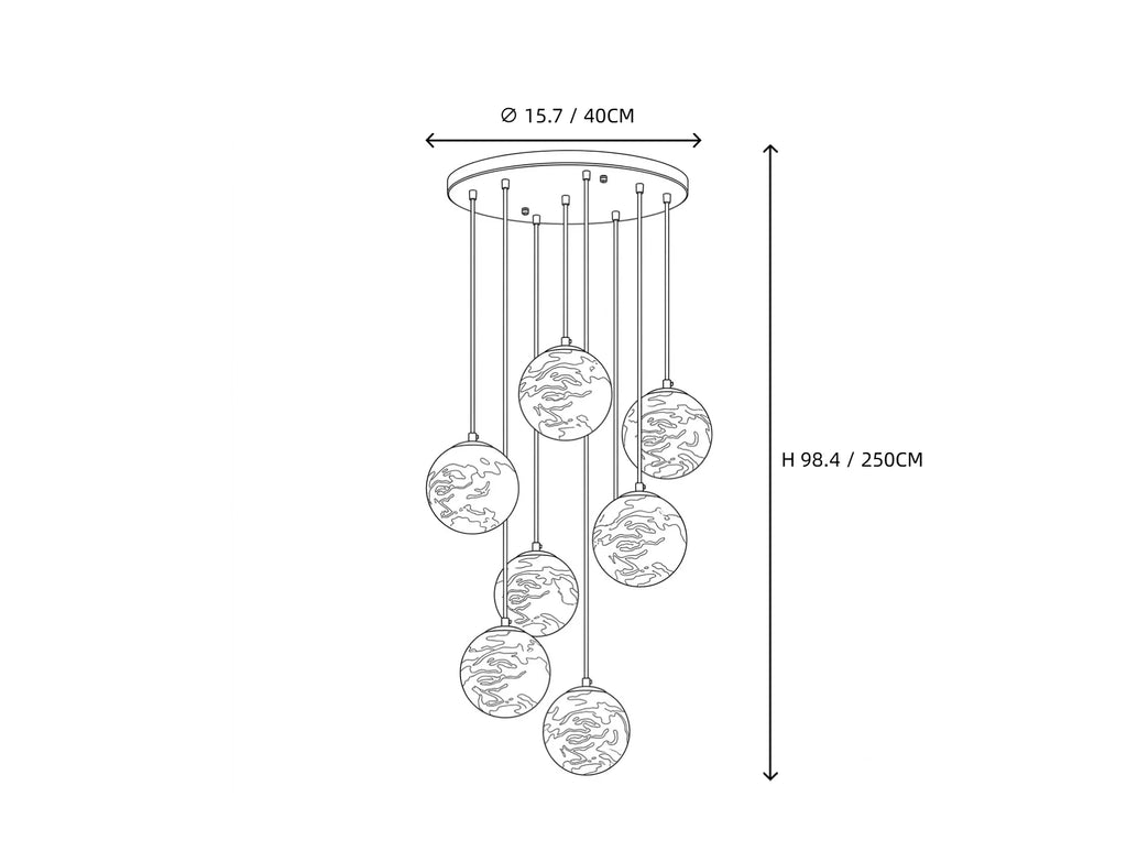 7 Light Alabaster Globe Chandelier Line Art Dimension Diagram