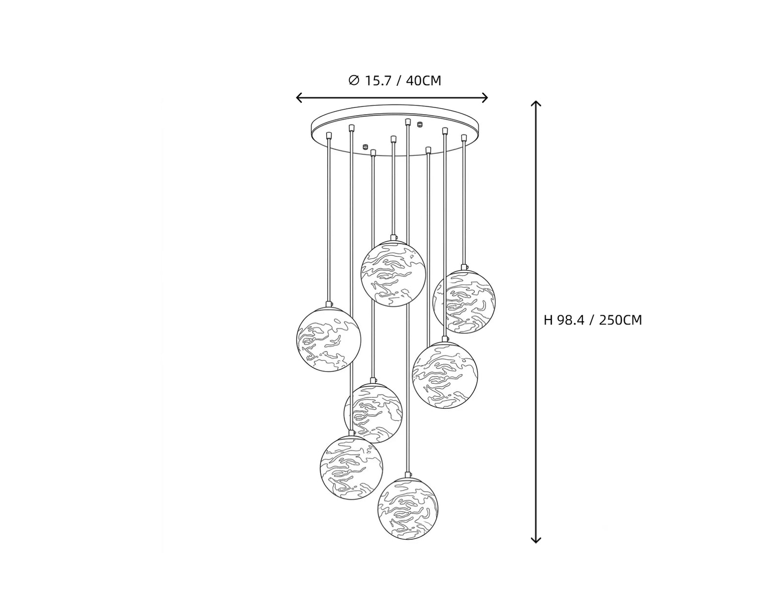 7 Light Alabaster Globe Chandelier Line Art Dimension Diagram