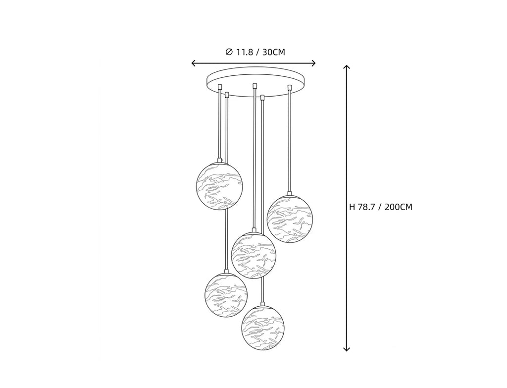 5 Light Alabaster Globe Chandelier Line Art Dimension Diagram