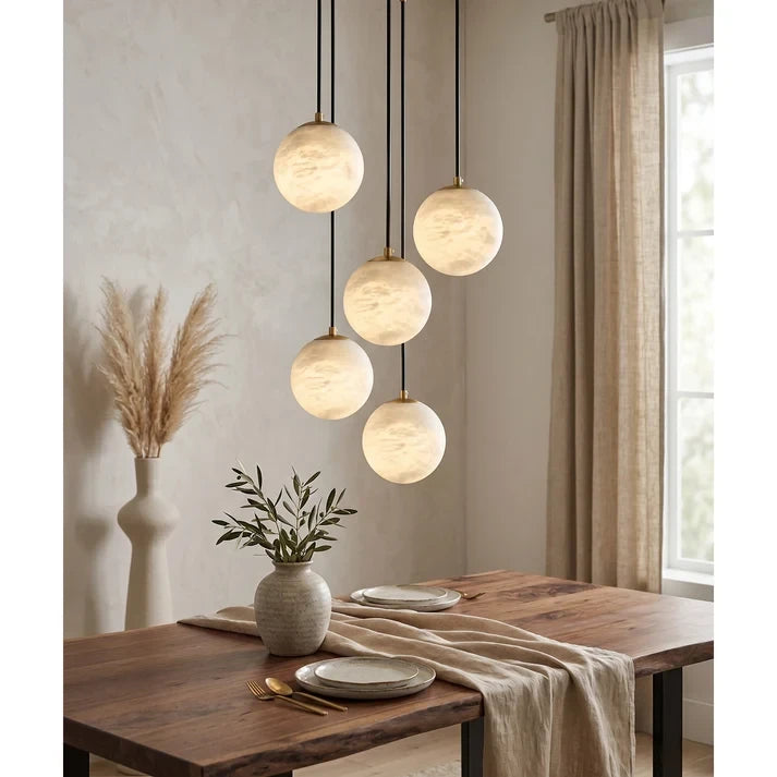 Multi Light Alabaster Globe Pendant Light Over Dining Table