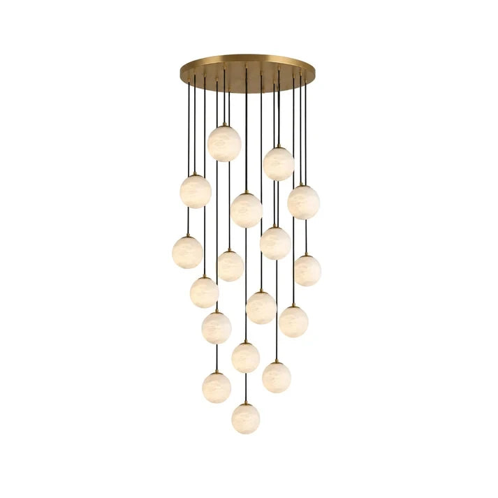 Modern Brass Alabaster Globe Staircase Chandelier on Pure White Background