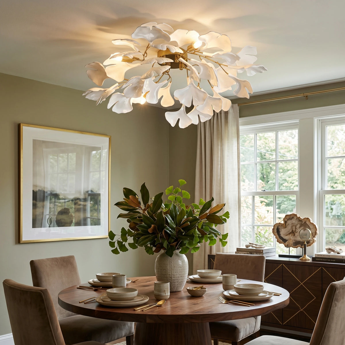 Modern Ginkgo Leaf Flush Mount Light Over Dining Room Table