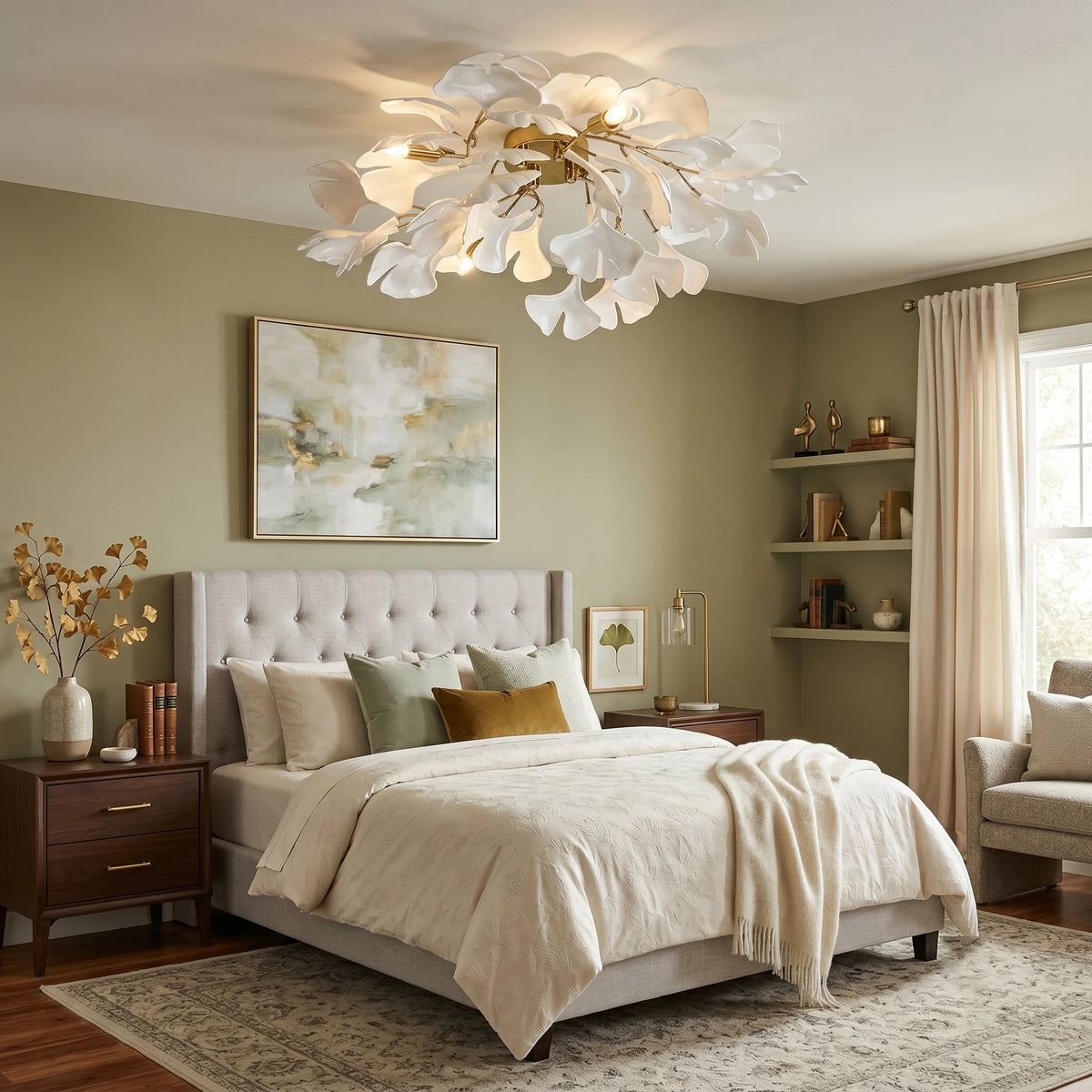 Glam Ginkgo Leaf Flush Mount Light Over Bedroom Bed