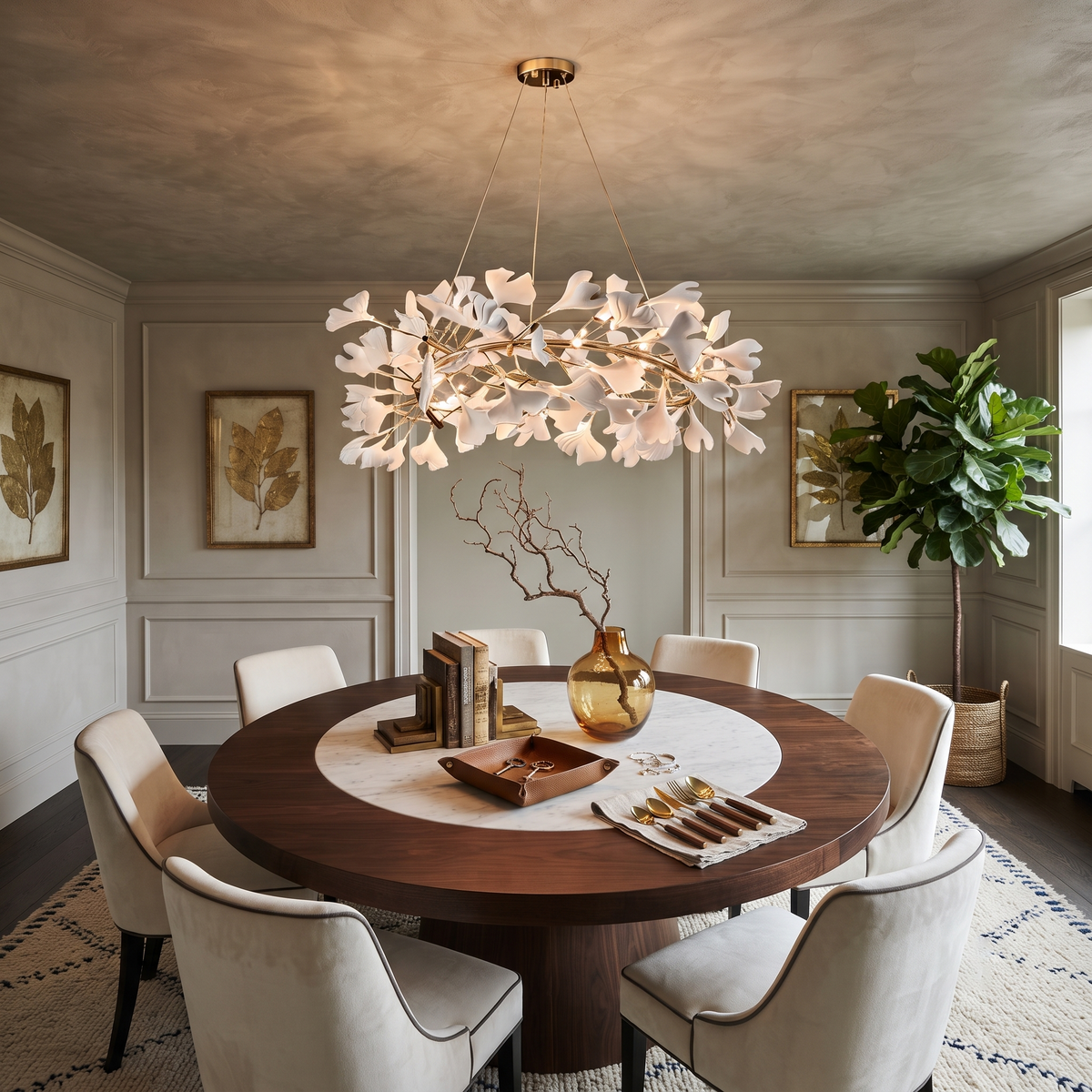 Modern Ginkgo Leaf Chandelier Hanging over Round Dining Table