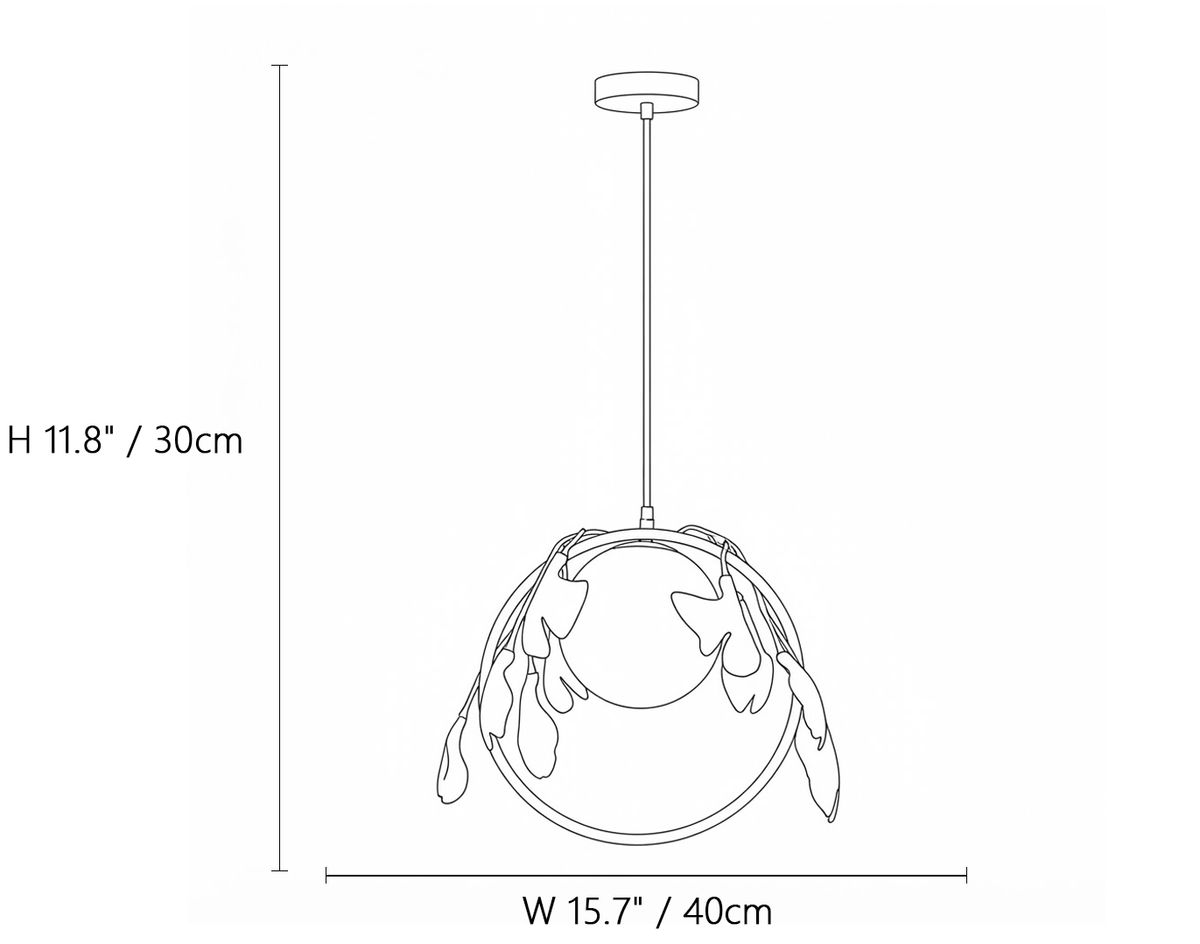 Brass Ring Ginkgo Leaf Globe Pendant Light Line Art Dimension Diagram