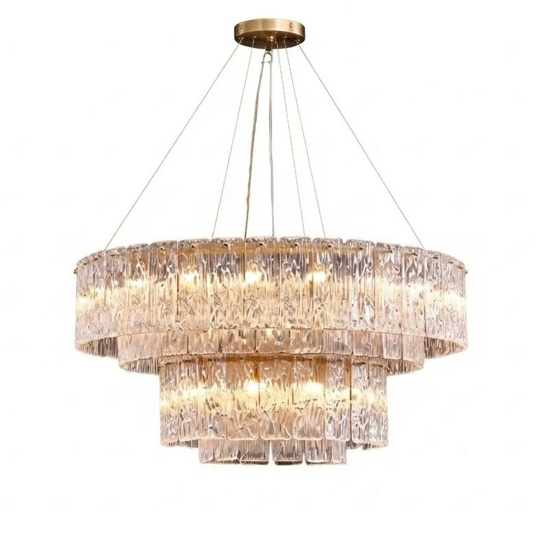 Modern Brass and Crystal Irregular Disc Art Glass Multi-Tier Chandelier with Gold Canopy on Pure White Background