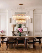 Modern Crystal Irregular Disc Art Glass Multi-Tier Chandelier in Elegant Dining Setting