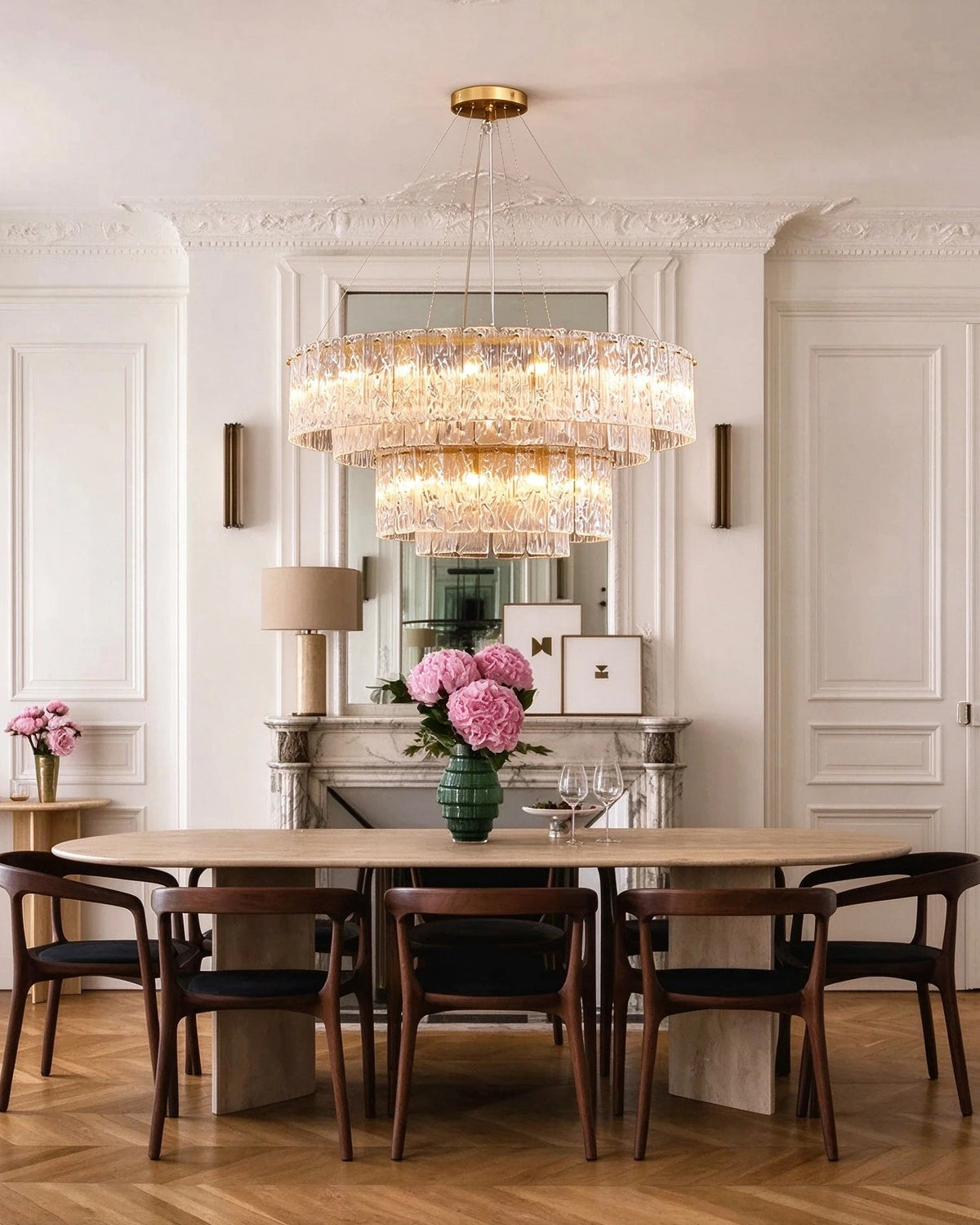 Modern Crystal Irregular Disc Art Glass Multi-Tier Chandelier in Elegant Dining Setting