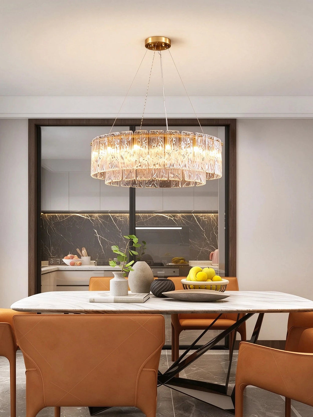 Modern Brass Crystal Multi-Tier Chandelier in Cozy Dining Space