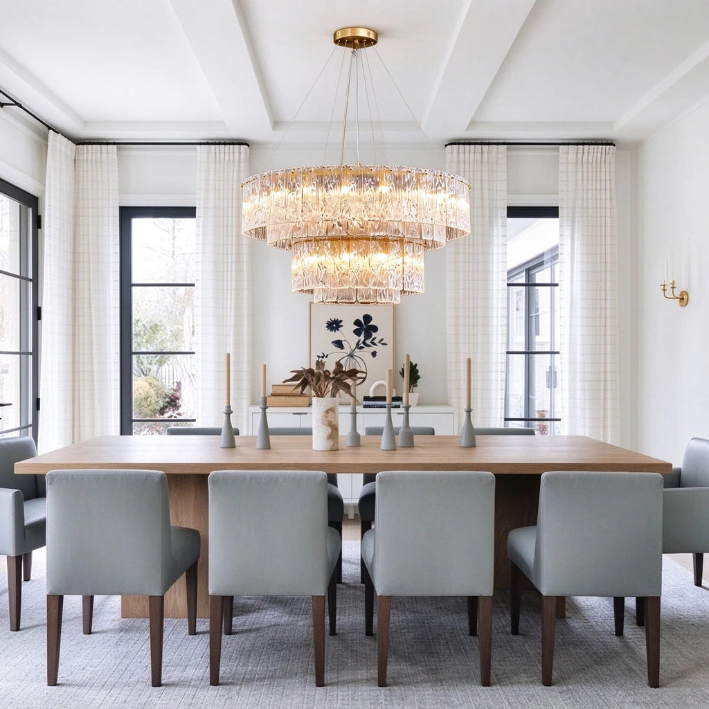 Modern Crystal Irregular Disc Art Glass Multi-Tier Chandelier in Open Plan Dining Setting