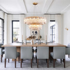 Modern Crystal Irregular Disc Art Glass Multi-Tier Chandelier in Open Plan Dining Setting