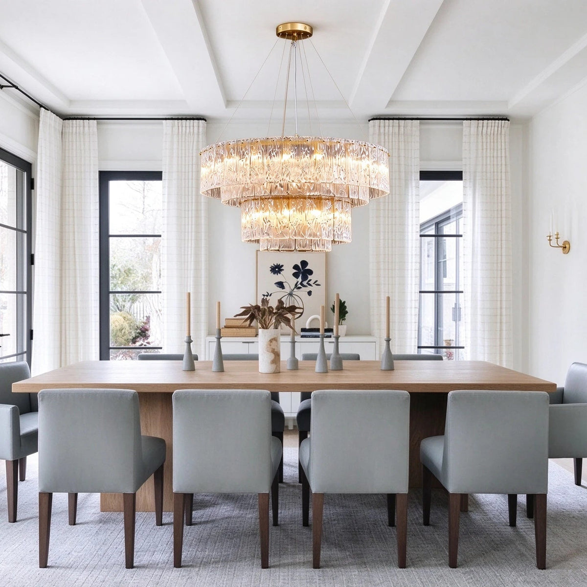 Modern Crystal Irregular Disc Art Glass Multi-Tier Chandelier in Open Plan Dining Setting