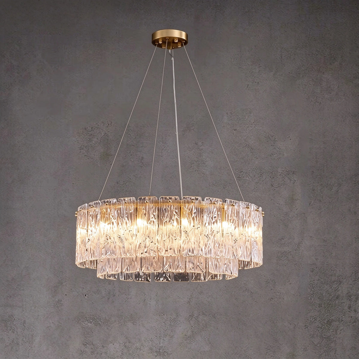 Illuminated Modern Crystal Irregular Disc Multi-Tier Chandelier Studio Display on Black Background